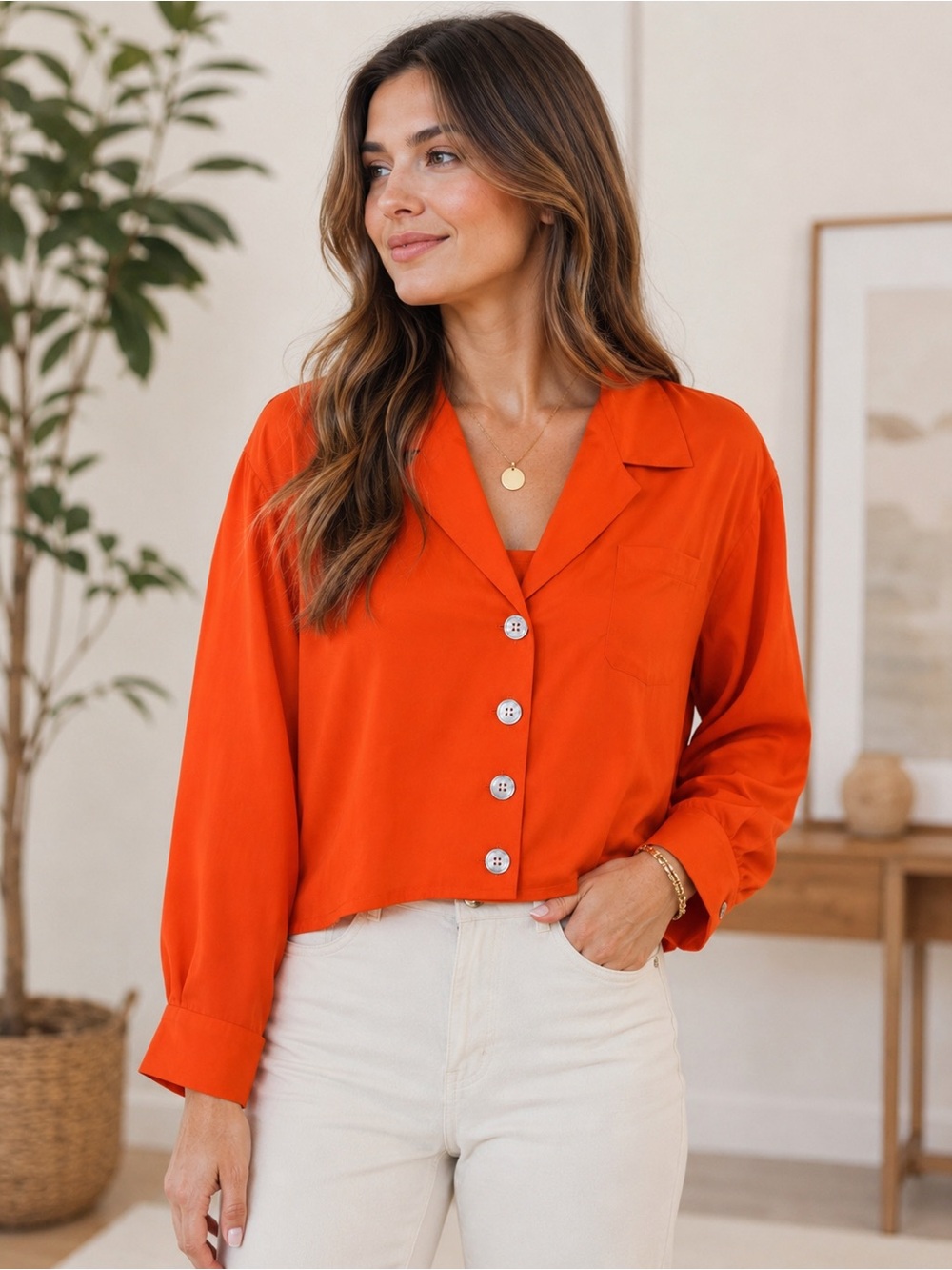 Anne Klein II 100% Silk Button Front Blouse – XS – Vibrant Orange